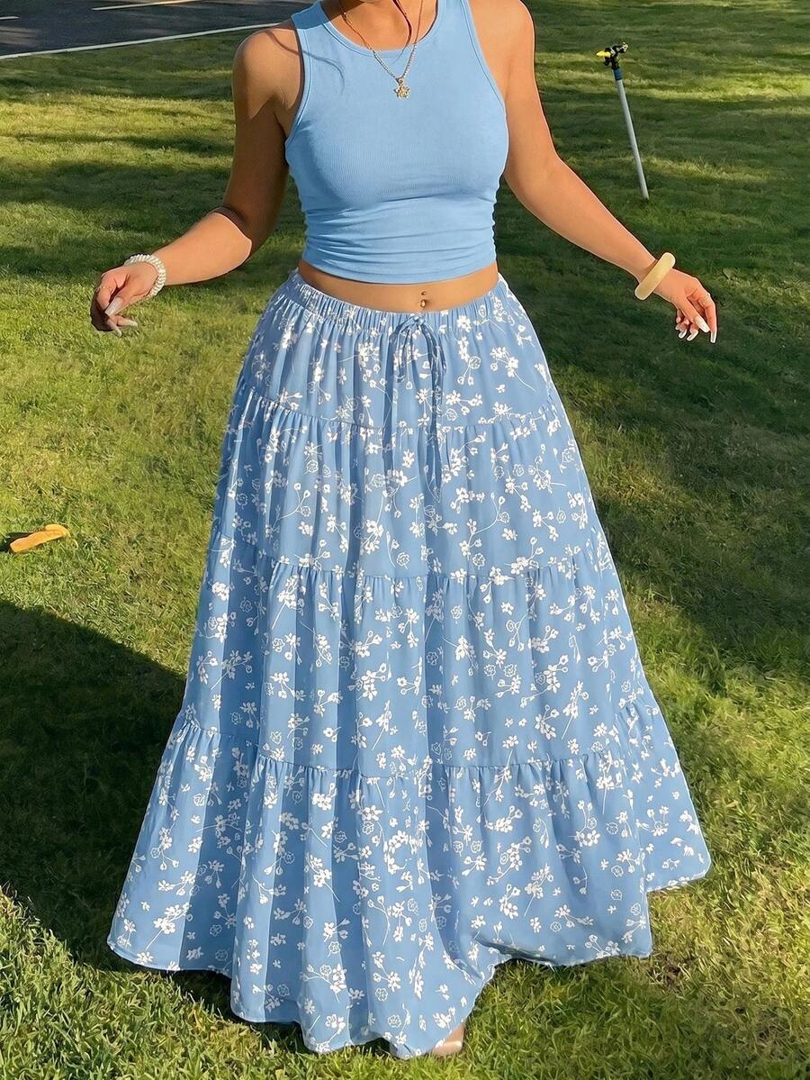 Solflare Plus Size Women 2-Piece Set: Solid Color Tank Top And Floral Print Skirt - Blue - View 1