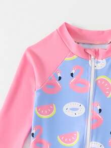 SHEIN Maiô Estampado de Flamingo para Bebê Meninas, Moda Casual Elegante Refinada Feminina Esportiva Alegre e Fofa, Diversão na Água Adequada para Férias, Piscina, Praia, Fotografia, Natal, Ano Novo, Dia dos Namorados, Halloween, Dia da Mentira - Multicolorido - Visão 8