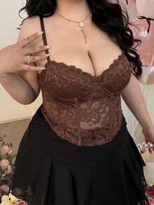 Comfortcana Plus Size Sexy Lace Sheer Camisole, Suitable For Party And Valentine's Day, Spring/Summer Lace Spaghetti Strap Top, Coffee Brown - Coffee Brown - View 4