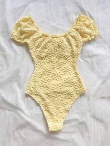 Soleia Women's Floral Textured Front Tie Short Sleeve Bodysuit - Yellow - View 2
