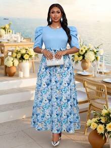 Fleurora Summer Elegant Blue And White Tea Party Floral Print Patchwork Dress,Women Plus Size Round Neck Flared Leg-Of-Mutton Sleeve Belted Office Work Dress - Blue - View 4
