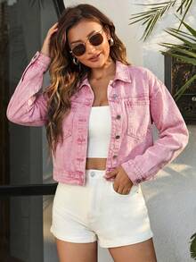 EMERY ROSE Áo khoác denim dài tay màu trơn, có túi vá phía trước và cài nút, kiểu dáng thường ngày. - Hồng - Xem 5