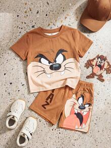 LOONEY TUNES X SHEIN GraphicGems 男婴卡通印花T恤短裤两件套，夏季 - 棕色 - 查看 1