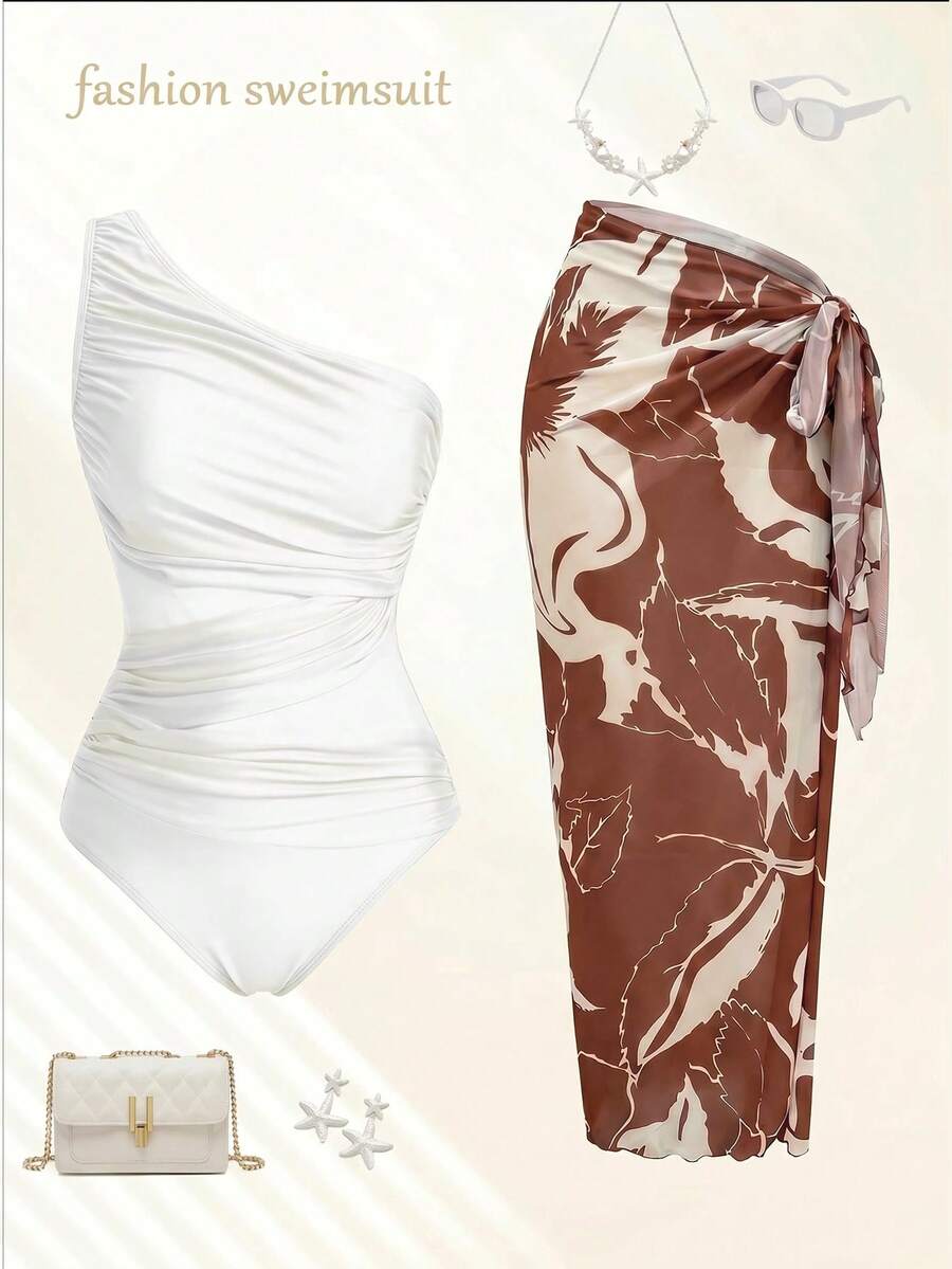 Swim Oasis Women's Solid Color Ruched One-Piece Swimsuit And Skirt Set, Suitable For Beach Vacation, Pool Party, Beach Party - Multicolor - View 1