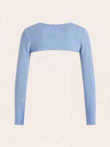 SHEIN BASICS 女士纯色露脐性感修身长袖上衣 - 藍色 - 查看 3