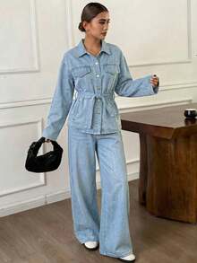 DAZY Bộ đồ denim nữ dáng rộng, thoải mái, phong cách thu đông mới, chất liệu denim bạc màu, có dây thắt eo. - Màu xanh lam - Xem 3