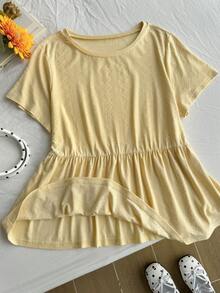 Comfortcana Plus Size Women Summer Casual Solid Color Short Sleeve Top Gym Brown - Yellow - View 6