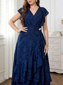Reflora Vestido elegante de talla grande azul marino para invitada de boda de verano, con cuello en V, patchwork de malla, manga corta, unicolor, vestido formal de fiesta para mujer, madre del novio - Azul - Ver 9