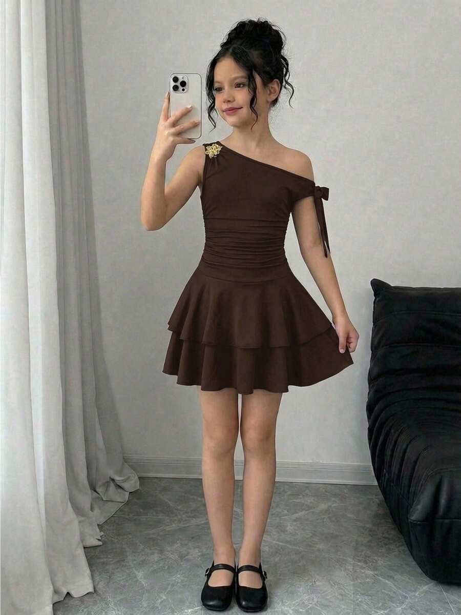 Firerie Kids Firerie Kids Kids Tween Girl Asymmetrical Shoulder Ruched Metallic Rose Cake Dress,Shades Of Brown,Summer,Cute Modest,Elegant,Party Formal Princess Sibling Outfit - Brown - View 1