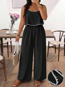 SHEIN Frenchy Plus Size Women's Black Casual Vacation Seashell Decor Contrast Color Jumpsuit, Suitable For Summer - Multicolor - View 5