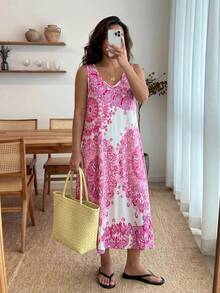 Enliva Jennifer_samantha_style Plus Size Women All-Over Print Sleeveless Dress, For Summer, For Apple Rounded Body Shape - Hot Pink - View 3