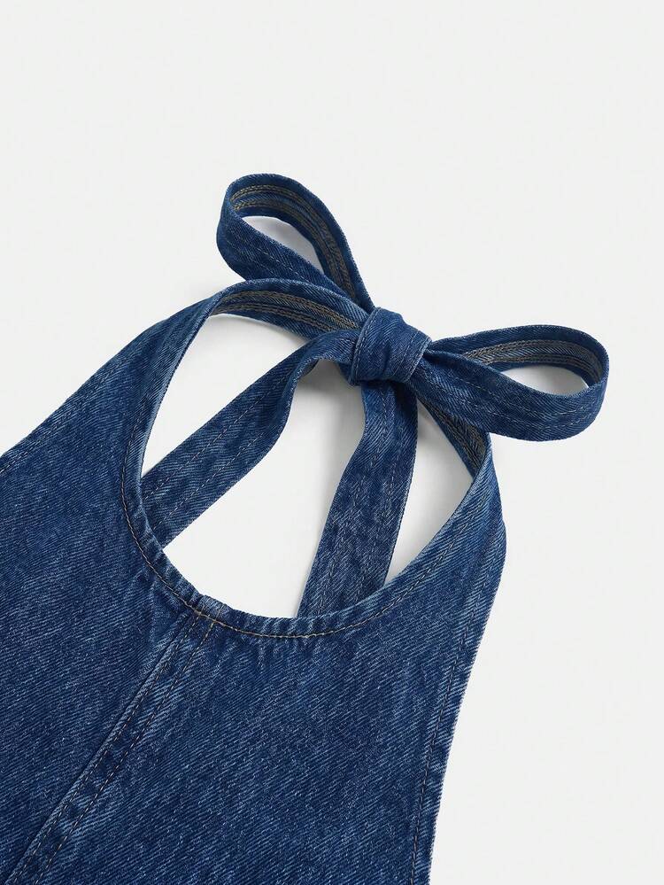 Denim Halter Top With Open Back And Ties Closure Vintage Wash Spring Summer French Style Blue Cotton Top Chic Summer Top Holiday Top