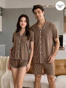 CoupledUp Men's Brown Notched Collar Open Front Striped Trim Soft Draping Knit Fabric Short Sleeve Shorts Set, Casual Loungewear For Spring, Summer & Autumn - Brown - View 5