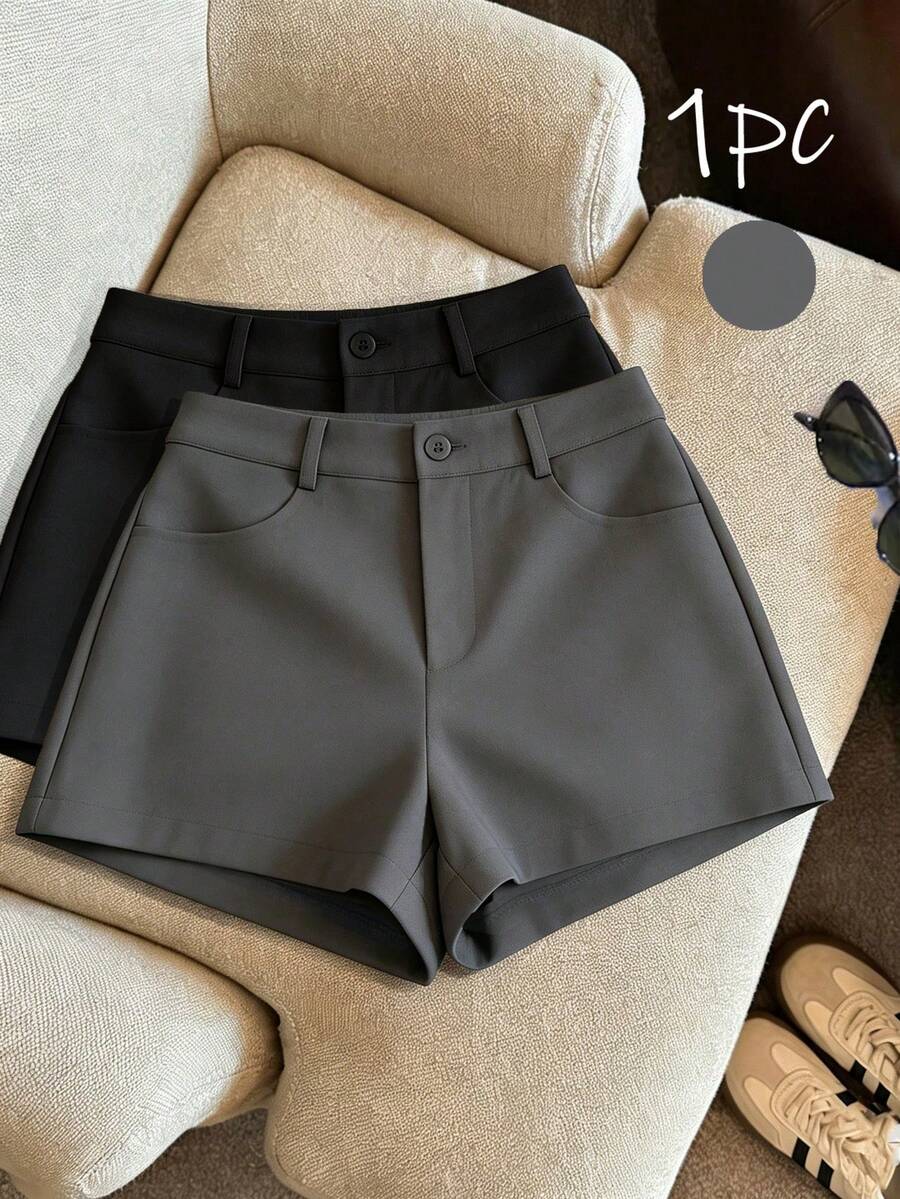 Resyla Women's Solid Color Pocket Button Casual Versatile Daily Wear Shorts - Grey - View 1