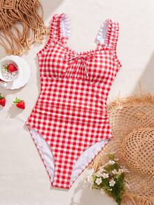 Swim Mod Bộ đồ bơi liền thân màu đen anh đào kiểu retro mới năm 2026 dành cho nữ, dây đeo vai rộng có thể điều chỉnh với bèo nhún dễ thương, phần ngực trang trí nơ, eo xếp ly, phong cách thời trang đi biển cho kỳ nghỉ hè. - Nhiều màu - Xem 3