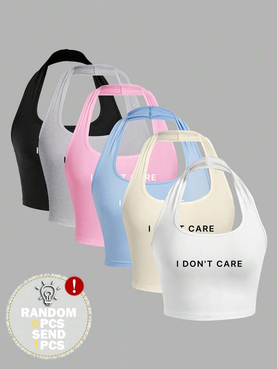 SHEIN EZwear 大码女式粉色字母印花紧身露脐吊带背心,适合夏季穿着 - 粉色 - 查看 1