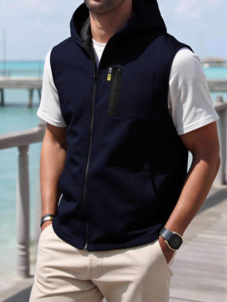 Manfinity Homme 男士夏季休闲运动通勤拉链连帽无袖背心 - 藏蓝色 - 查看 1