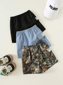 SHEIN Bộ 3 quần short cargo mùa hè cho bé trai, kiểu dáng đường phố, họa tiết rằn ri và màu trơn, bộ quần short cho bé trai. - Nhiều màu - Xem 7