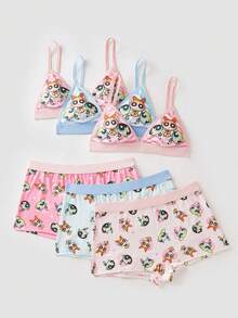 Chillnights THE POWERPUFF GIRLS X SHEIN 3件套女士可爱卡通全印花文胸和宽松内裤套装 - 彩色 - 查看 1