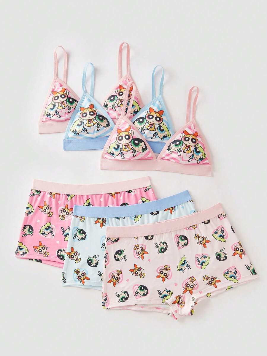 Chillnights THE POWERPUFF GIRLS X SHEIN 3件套女士可爱卡通全印花文胸和宽松内裤套装 - 彩色 - 查看 1