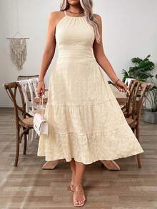 SHEIN Clasi Plus Size Women Solid Color Backless Halter Dress For Vacation - Apricot - View 4