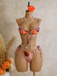 Swim SXY 3 pezzi Set da bagno con top a canotta con stampa floreale e animale, slip con lacci ai lati e gonna a volant in rete - Multicolore - Visualizzare 7