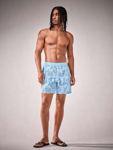 LOONEY TUNES X SHEIN Quần short đi biển nam họa tiết hoạt hình dễ thương, có dây rút và túi ở eo. - Màu xanh lam - Xem 5