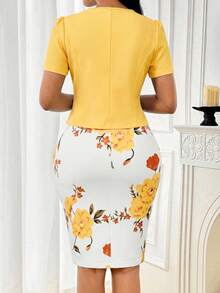 SHEIN Lady 春夏优雅蓝色日常通勤连衣裙，适合女士参加派对、新年、舞会、生日等场合，商务休闲，情人节时尚派对商务女性优雅通勤纯色泡泡袖上衣搭配印花修身无袖连衣裙套装两件套 - 彩色 - 查看 2