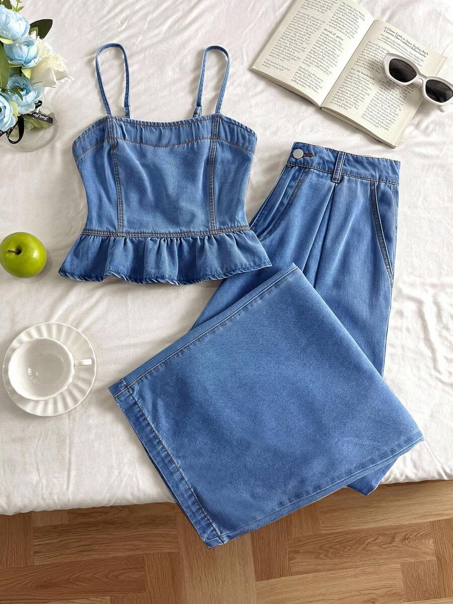 Comfortcana Setelan 2 Potong Atasan Tank Top dan Celana Panjang Musim Panas Warna Polos Ukuran Plus dengan Tali Bahu Tipis dan Hiasan Ruffle di Bagian Bawah - Medium Wash - View 1