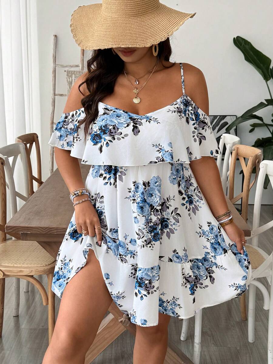 SHEIN VCAY Vestido casual de tirantes con estampado floral y volantes en el bajo para tallas grandes - Multicolor - Ver 1