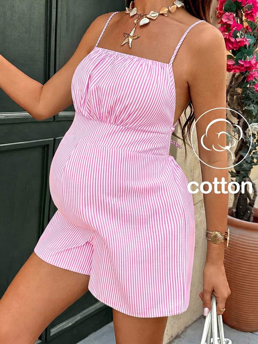 SHEIN Bộ áo liền quần bầu kẻ sọc hở lưng buộc dây - Hồng - Xem 1