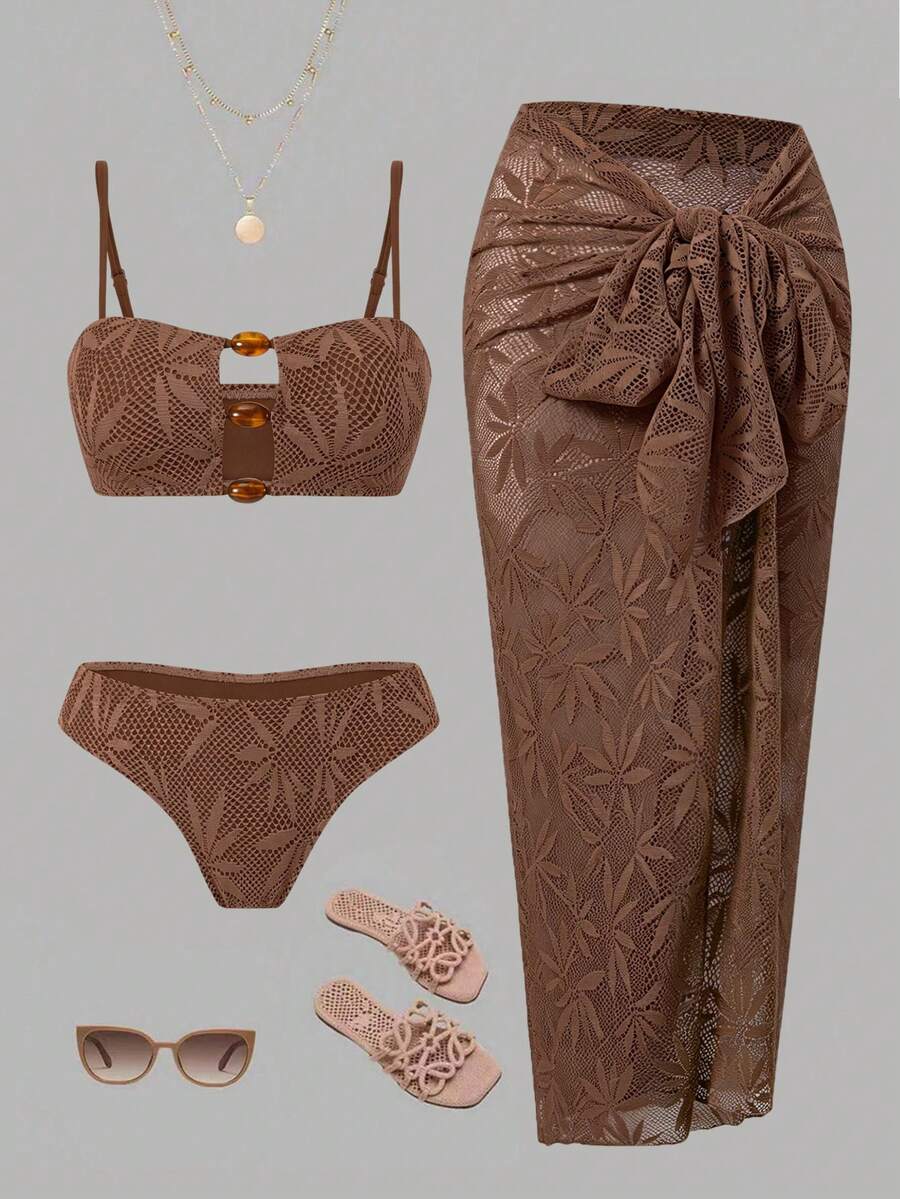 Swim Oasis Bộ bikini 3 mảnh cao cấp dành cho nữ mùa hè 2026, kiểu dáng thanh lịch, thoải mái, hở lưng, đính hạt, họa tiết lá cây, chất liệu đặc biệt, cạp cao, dáng maxi quấn, chất liệu vải cao cấp. - Cà phê nâu - Xem 1