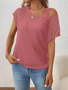 Balvessa Women's Lace Patchwork Asymmetric Shoulder Top - Coral Pink - View 4