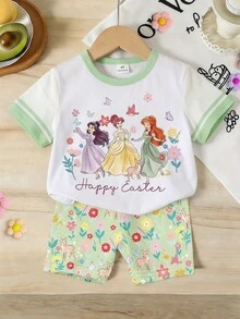 Baju Anak Perempuan Lengan Pendek Kerah Bulat dengan Trim Kontras dan Motif Huruf & Kartun, Pakaian Kasual Sehari-hari - MultiWarna - View 5