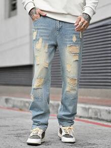 Devon Thys Quần jeans nam dáng suông màu xanh bạc hà, thích hợp mặc ngoài trời, mùa Thu/Đông. - Rửa trung bình - Xem 5