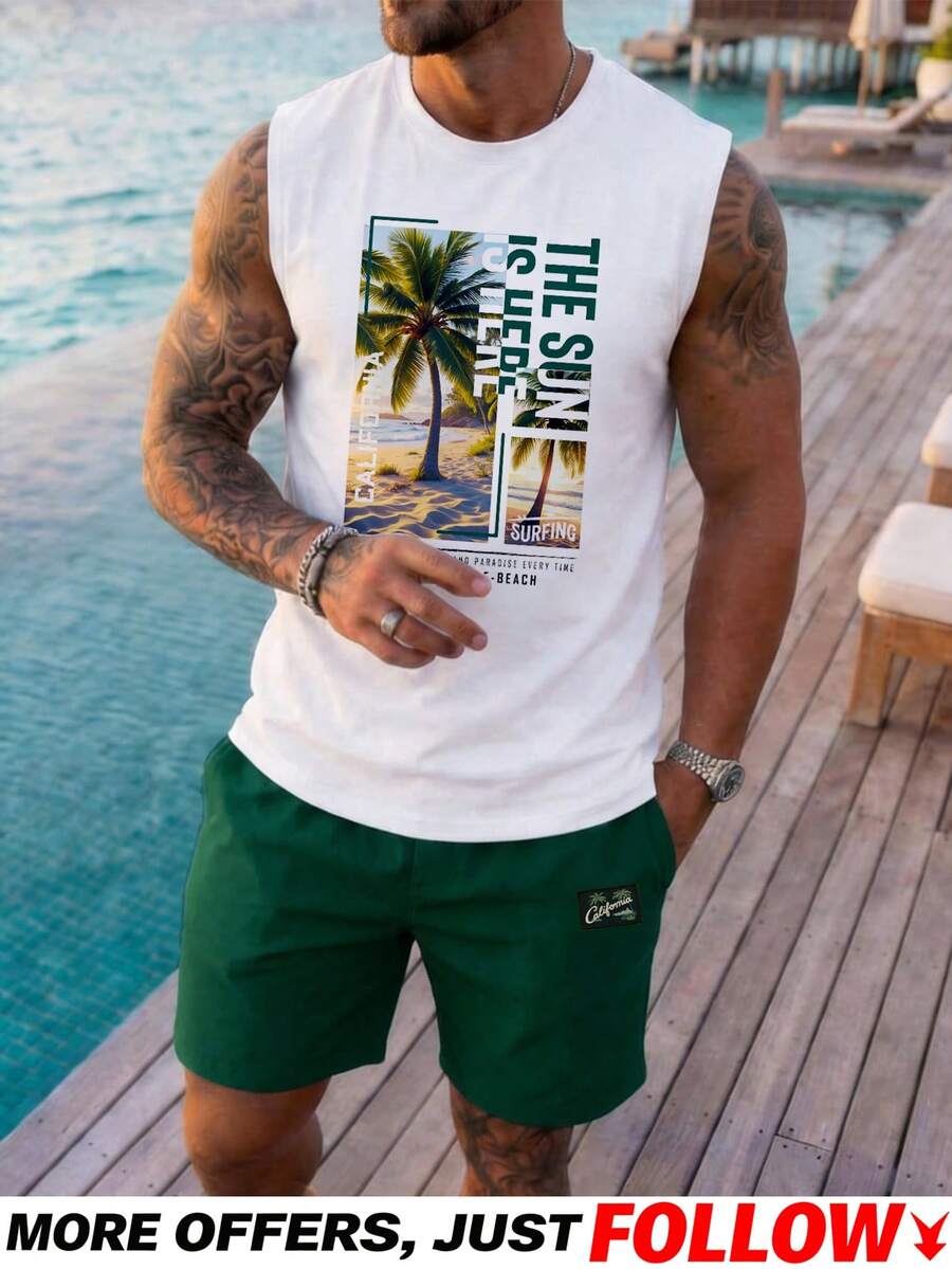 VIVINTIMO Bộ áo tank top và quần short in họa tiết nhiệt đới dành cho nam, thích hợp cho kỳ nghỉ. - Màu xanh lá cây đậm - Xem 1