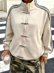 Muchica Plus Size Women Spring/Summer Stand Collar Color Block Casual Versatile Lightweight Jacket - Apricot - View 4