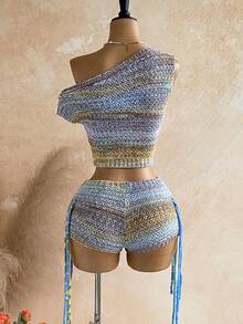 Soleia Women's Vacation Solid Color Asymmetric Neck Knit Top And Fringe Design Knit Shorts 2 Pieces Set - Multicolor - View 2