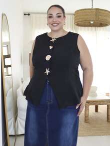 Pretty and Ole Giacca da donna taglie forti con collo rotondo, maniche, stile semplice da ufficio, con finiture in metallo, camicie da insegnante, outfit da donna insegnante nero estivo - nero - Visualizzare 6