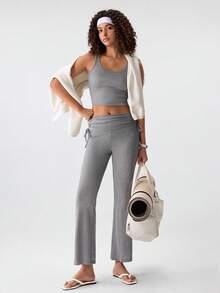 Loungeista 2pcs Set Spring Summer Autumn Casual Pajamas, Solid Color Drawstring Flared Pants Loungewear Set, Slimming Commuter Sleepwearfor Summer - Grey - View 9