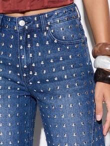 KIZN Women's High Rise Wide Leg Studded Denim Jeans With Metal Eyelets And Palazzo Style Full Length Straight Leg Casual Bottoms - Dark Wash - View 5