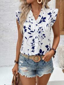 Camisa Casual de Mujer con Estampado Floral, Manga Corta y Lazo, Para Uso Diario y Festivo VCAB - Azul - Ver 4