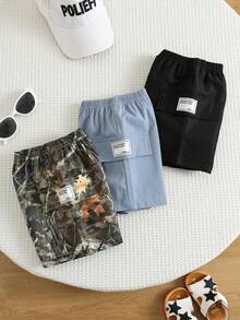 SHEIN Bộ 3 quần short cargo mùa hè cho bé trai, kiểu dáng đường phố, họa tiết rằn ri và màu trơn, bộ quần short cho bé trai. - Nhiều màu - Xem 8