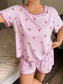 Napfluff CURVE Napfluff CURVE Plus Size Women's Round Neck Ruffle Trim Pink Striped Cherry Print Rib Knit Short Sleeve Top And Shorts, Romantic Sleepwear 2-Piece Set For Daily Wear - Pink - View 5