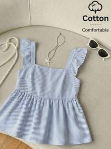 SHEIN EZwear 蓝色梭织女式荷叶边条纹印花露背上衣 - 藍白色 - 查看 1