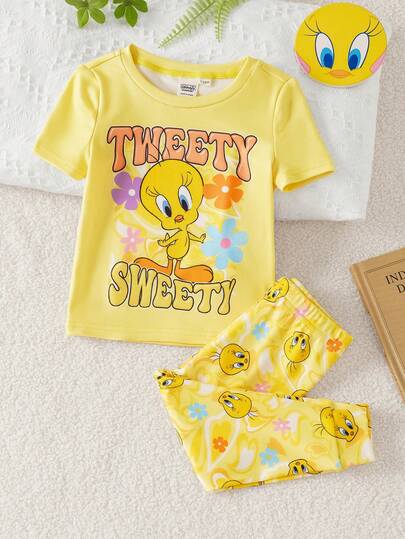 LOONEY TUNES X SHEIN Bộ đồ mặc nhà cho bé gái gồm áo thun ngắn tay cổ tròn và quần legging.