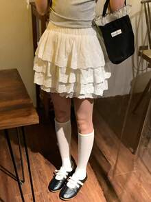 DAZY 女士荷叶边下摆韩版休闲A字裙 - 白色 - 查看 9
