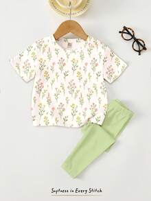 2pcs/Set Young Girl Casual Floral Print Round Neck Loose Short Sleeve T-Shirt And Relaxed Fit Pants,Comfortable Outfit For Summer Daily,Street Style - Multicolor - View 3