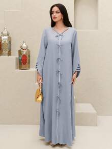 Yasmyna Đầm dự tiệc kiểu Ả Rập màu trơn buộc dây dành cho nữ - Màu xanh lam - Xem 9