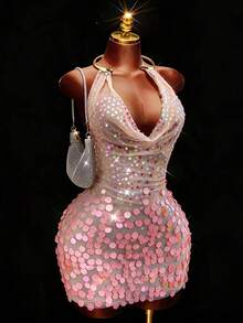 Soleia Metal Draped Neck Backless Bodycon Mini Dress For Women,Beige,Summer,Techno,Club Night,Rave,Bohemian,Vintage,No Bra Pads - Pink - View 5